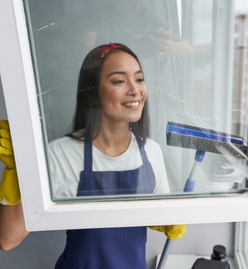 Putzfrau reinigt Fenster